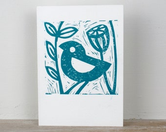 Hand printed greeting card "Little Blue Bird"