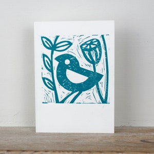 Tarjeta de felicitación impresa a mano "Little Blue Bird"