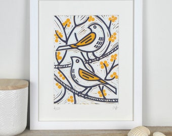 Framed lino print "Two Birds Looking"