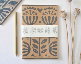 Hand printed A5 notebook with "Garden Blooms" design, containing plain pages