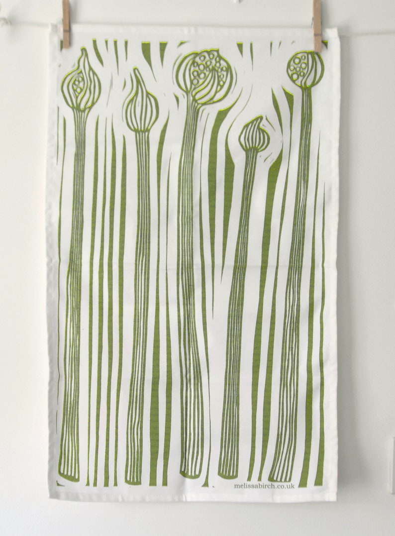 Cotton Tea Towel with original Melissa Birch linocut design Onions Bolting image 2