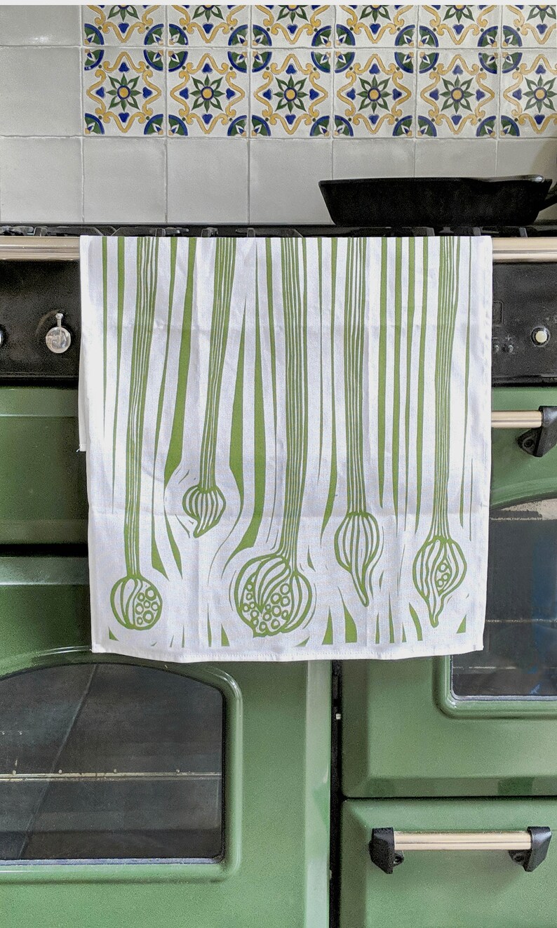 Cotton Tea Towel with original Melissa Birch linocut design Onions Bolting image 4