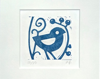 Hand printed linocut artwork "Blue Bird's Friend"