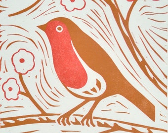 Hand printed linocut artwork "Robin"