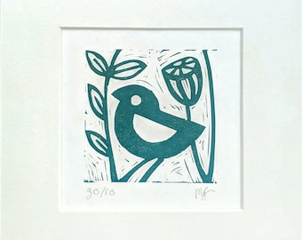 Hand printed linocut artwork "Little Blue Bird"