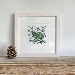 Framed lino print &quot;Little Green Frog&quot; handmade by artist Melissa Birch