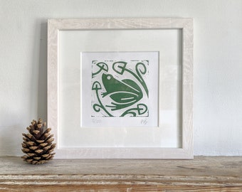 Framed lino print "Little Green Frog" handmade by artist Melissa Birch