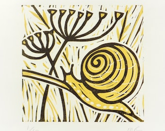 Hand printed linocut artwork "Life in the Long Grasses - Snail"