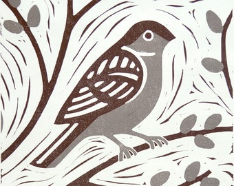 Hand printed linocut artwork "Sparrow"