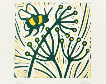 Hand printed linocut artwork "Life in the Long Grasses - Bee"