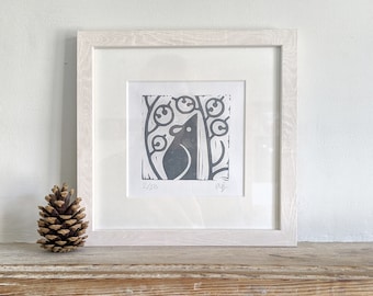 Framed lino print "Little Grey Mouse" handmade by artist Melissa Birch