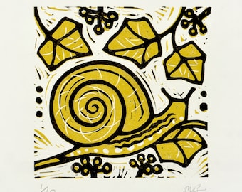 Hand printed linocut artwork "Life in the Long Grasses - Snail with Ivy"