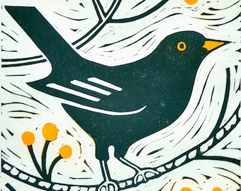 Hand printed linocut artwork "Blackbird"