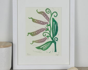 Framed lino print "Sweet Peas" handmade by artist