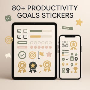 Puede incluir: Ilustración digital con una tableta y un teléfono inteligente que muestran pegatinas de objetivos de productividad. Las pegatinas incluyen marcas de verificación, barras de progreso, estrellas y cintas en tonos verdes, beige y dorados. El texto dice "80+ PRODUCTIVITY GOALS STICKERS."