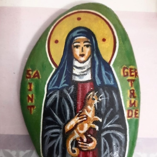 Sint-Gertrude van Nijvel, Sint-Gertrude-icoon, Sint-Gertrude, handgeschilderd icoon, katholiek icoon, religieuze verfsteen, handgemaakt katholiek icoon