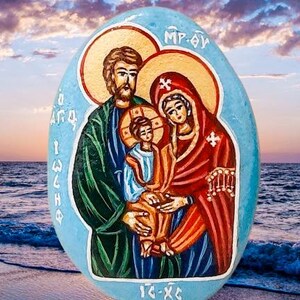Holy Family, Holy Family icon, orthodox icon, hand painted icon, saint Joseph, Blessed Virgin Mary, Jesus Christ, painted stone, saints