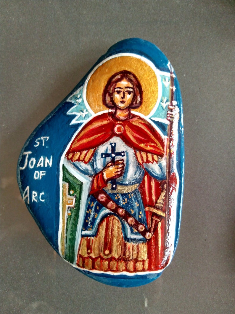 St Joan of Arc, Catholic Icon, Hand Painted Icon, Icon on Stone