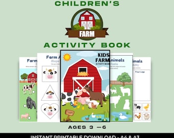 May include: A children's farm activity book with a red barn illustration, farm animals, and the text "KIDS FARM animals ACTIVITY BOOK". The book is designed for ages 3-6 and is an instant printable download.