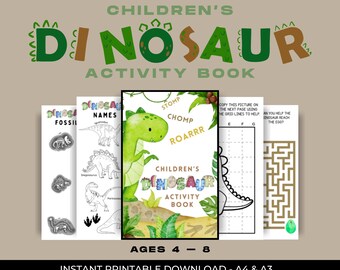 May include: A children's dinosaur activity book with a green dinosaur illustration on the cover. The book includes coloring pages, mazes, and drawing activities. The text reads "Children's Dinosaur Activity Book" and "Ages 4-8".