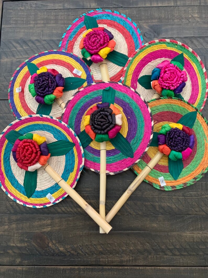 Set off 6 Hand Woven Palm Leaf Fans-Fiesta Wedding Party Favors Fans