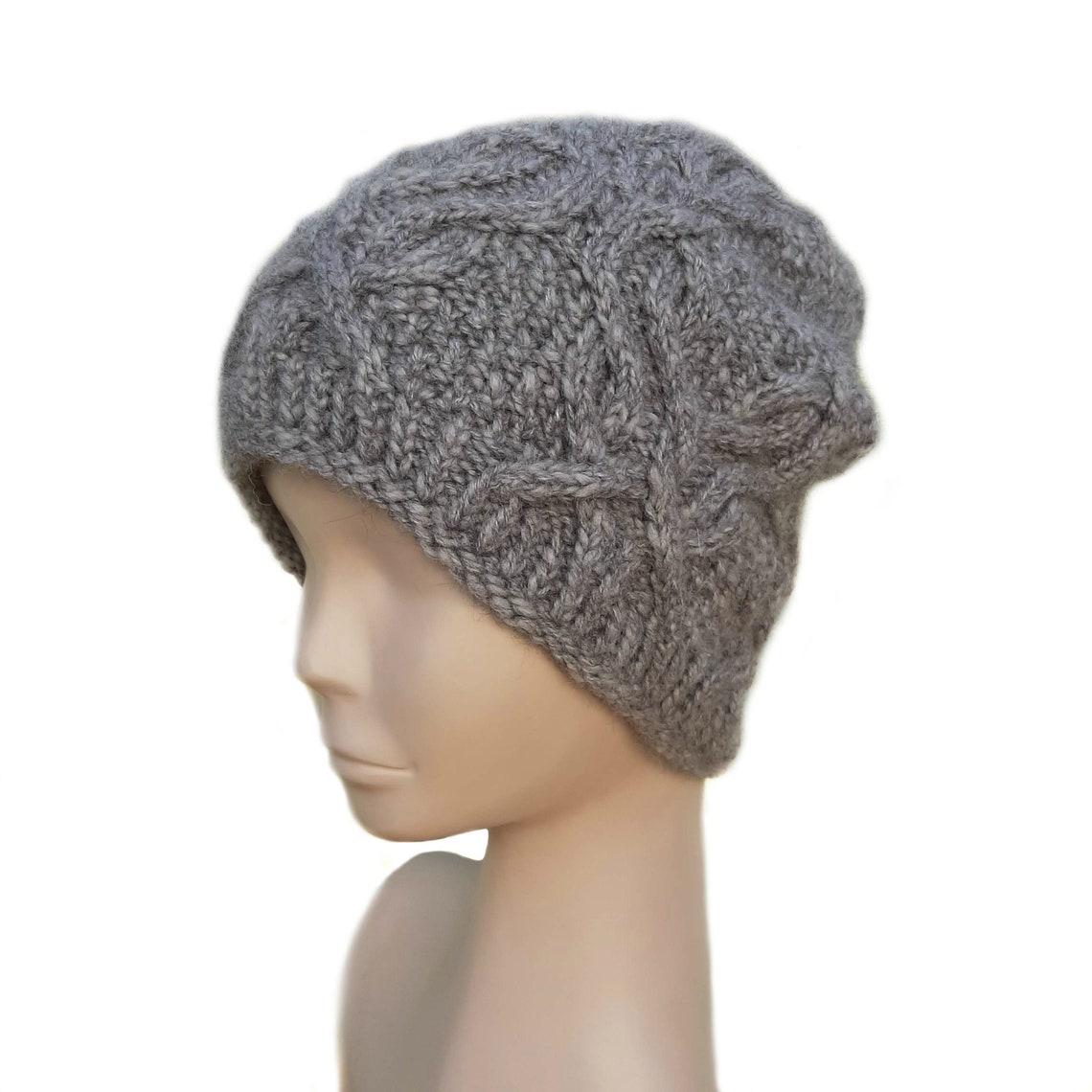 Gray women's knit cable hat. Etsy