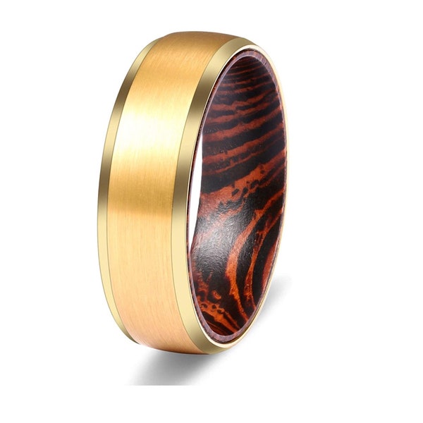 Gold Tungsten  Africa Wengune Wood Slevve 8mm Mens  Wedding Band Ring