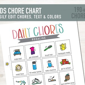 May include: A printable chore chart for kids with the title "Daily Chores" and the name "Rosaline" at the top. The chart has nine colorful squares with icons and text for chores such as "make bed", "get dressed", "brush hair", "backpack ready", "wash face", "fill water bottle", "take vitamins", "go to school", and "put clothes away".