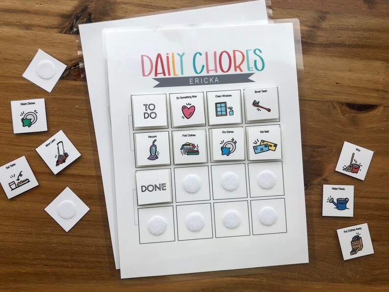 May include: A white printable chore chart with the title "Daily Chores" and the name "Ericka" printed at the top. The chart is divided into two sections: "To Do" and "Done". Each section has a grid of 6 squares with different chores illustrated in each square. The chores include: "Do Something Nice", "Clean Windows", "Brush Teeth", "Vacuum", "Fold Clothes", "Dry Dishes", "Get Mail", "Set Table", "Water Plants", "Put Clothes Away", "Mop", and "Wipe Leans".