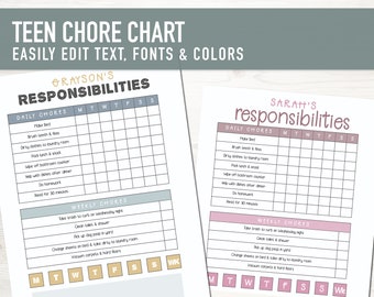 Editable Chore Chore chart for kids, teens & adults