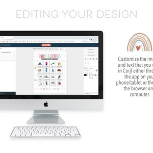 May include: A computer screen displaying a printable daily chores chart with colorful icons and the text "DAILY CHORES" in a white box. The chart is being edited in a web browser with a rainbow icon in the corner.