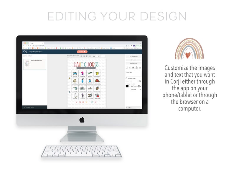 May include: A computer screen displaying a printable daily chores chart with colorful icons and the text "DAILY CHORES" in a white box. The chart is being edited in a web browser with a rainbow icon in the corner.