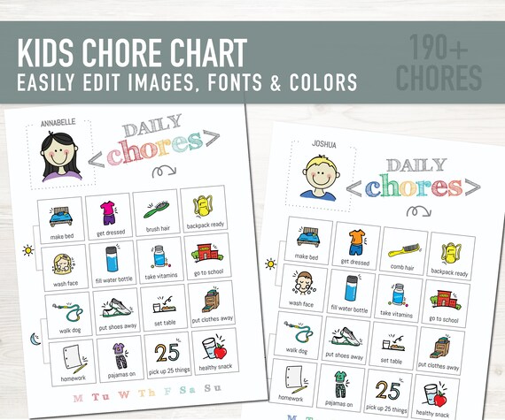 Editable Kids Chore Chart, Daily Routine Chart, Kids Printable's