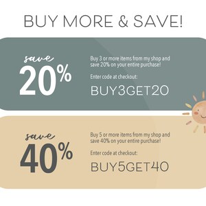 May include: A green and beige graphic with a sun illustration. The text reads "BUY MORE & SAVE!" and includes two offers: "save 20% BUY3GET20" and "save 40% BUY5GET40".