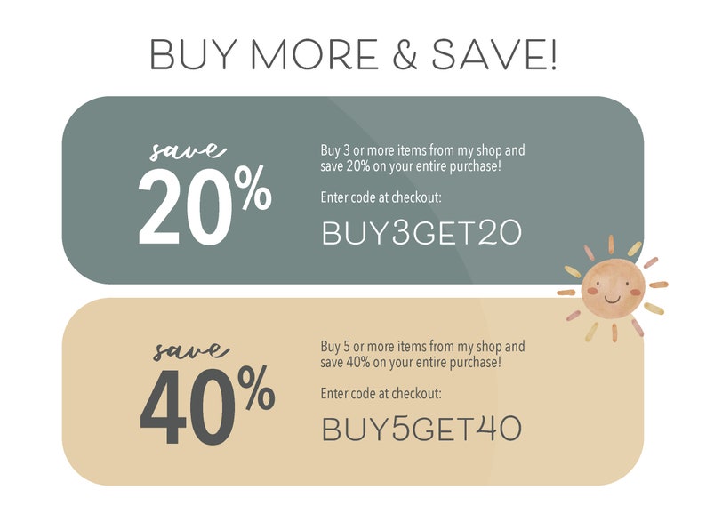 May include: A green and beige graphic with a sun illustration. The text reads "BUY MORE & SAVE!" and includes two offers: "save 20% BUY3GET20" and "save 40% BUY5GET40".