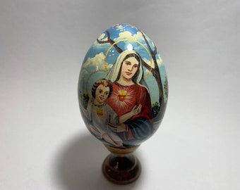 Hand Painted Icon Egg, Wooden Icon Egg, Icon Mother-of-God, Christmas Gift, Christmas decoration, Icon Mary and Jesus