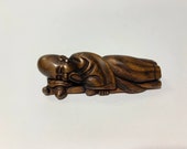 Unique Netsuke, Handmade Netsuke, Carved Netsuke, Netsuke Sleeping Fukurokuju and Turtle, Boxwood Netsuke, Wooden Netsuke, Netsuke, Okimono