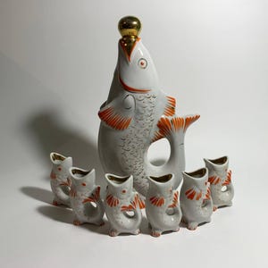 Vintage Porcelain Fish Set, Fish Drinking Set, Decanter and Four Glasses Porcelain Fish, Polonsky Porcelain Factory