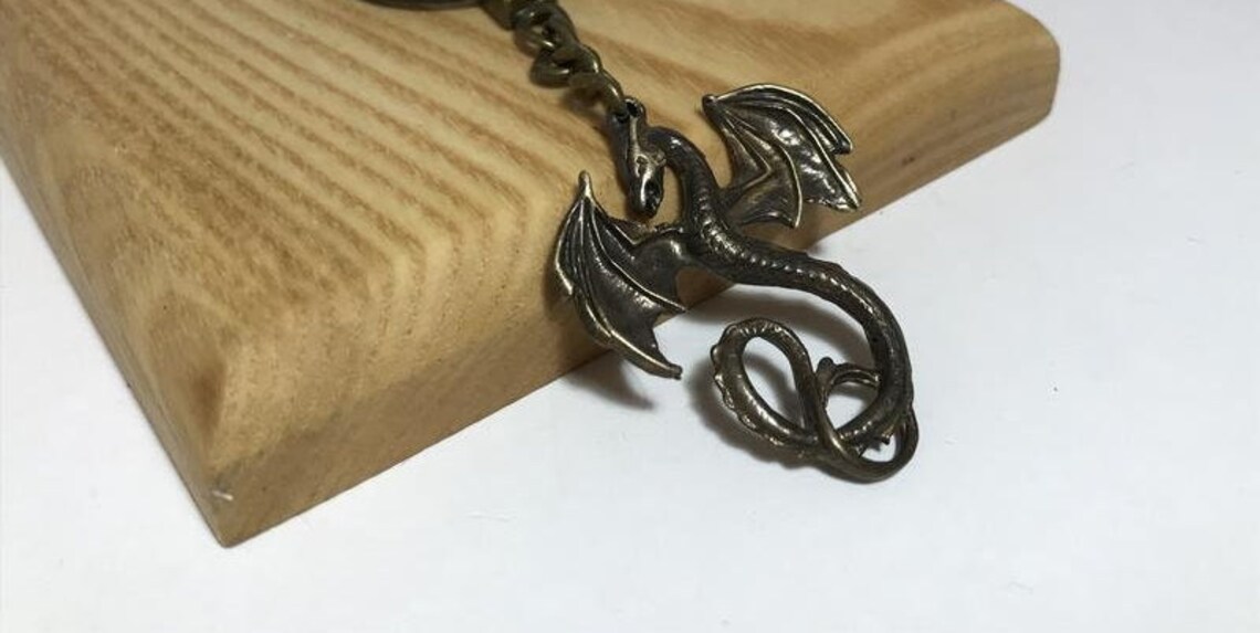 Vintage Bronze Plated Dragon Pendant Keychain – Mythical Winged Dragon, Silver/Bronze Alloy