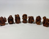 Unique Netsuke, 7 japanese gods of happiness, Seven Boxwood Netsuke, Biishamonten, Hotei, Fukurokuju, Ebisu, Dzyurodzin, Benzaiten, Daikoku