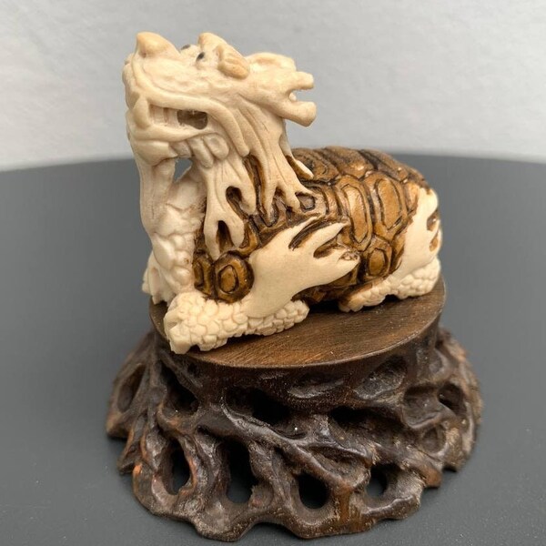 Unique Bone Figurine, Handmade Netsuke, Hand Carved Statues, "Turtle Dragon", Bone Statues, Bone Figurine, Okimono, Figurine Minogame