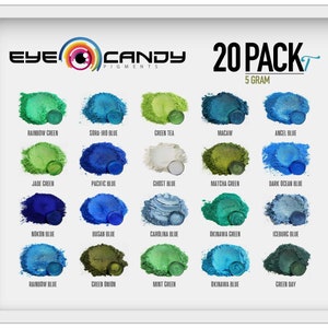 Eye Candy “20 Color Set T” Blue/Green Mica Pigment Powder MultiPurpose | Natural Bath Bombs, Resin, Paint, Epoxy, Soap, Nail Polish,Lip Balm