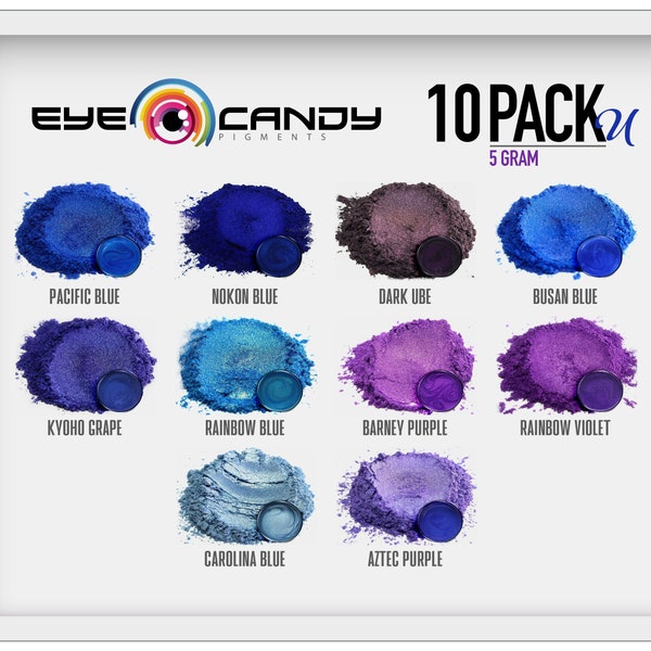 Eye Candy “10 Color Set U” Blue/Purple Mica Pigment Powder MultiPurpose | Natural Bath Bombs, Resin, Paint, Epoxy, Soap,Nail Polish,Lip Balm