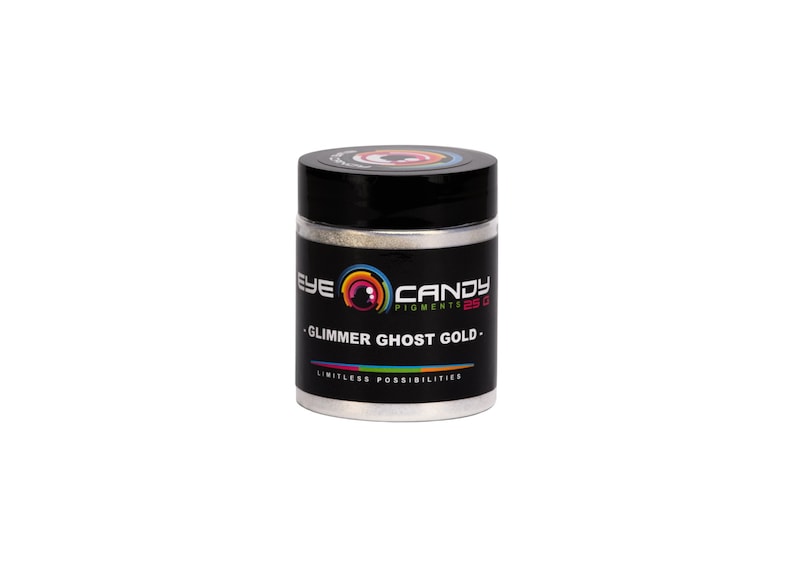 May include: A silver jar of Eye Candy Pigments 25g Glimmer Ghost Gold. The jar has a black lid and a rainbow eye logo.