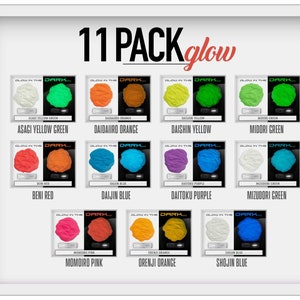 May include: An 11-pack of glow-in-the-dark craft materials in various colors, including yellow, orange, green, red, blue, and purple. Each color is displayed with an "on/off" switch. The word "glow" is written in a cursive font.