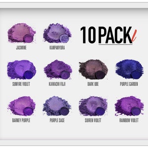 May include: A 10 pack of purple mica powder samples. The samples are arranged in a grid with the names of each color listed below. The colors include: Jasmine, Kanpanyura, Sunfire Violet, Kawachi Fuji, Dark Ube, Purple Garden, Barney Purple, Purple Sage, Suiren Violet, and Rainbow Violet.