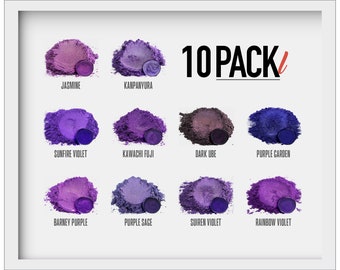 May include: A 10 pack of purple mica powder samples. The samples are arranged in a grid with the names of each color listed below. The colors include: Jasmine, Kanpanyura, Sunfire Violet, Kawachi Fuji, Dark Ube, Purple Garden, Barney Purple, Purple Sage, Suiren Violet, and Rainbow Violet.