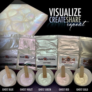 May include: Five small containers of iridescent pigment powder labelled "Ghost Blue", "Ghost Violet", "Ghost Green", "Ghost Red", and "Ghost Gold". Each container is next to a small white bowl with a wooden stick in it, showing the colour of the pigment when mixed with resin.