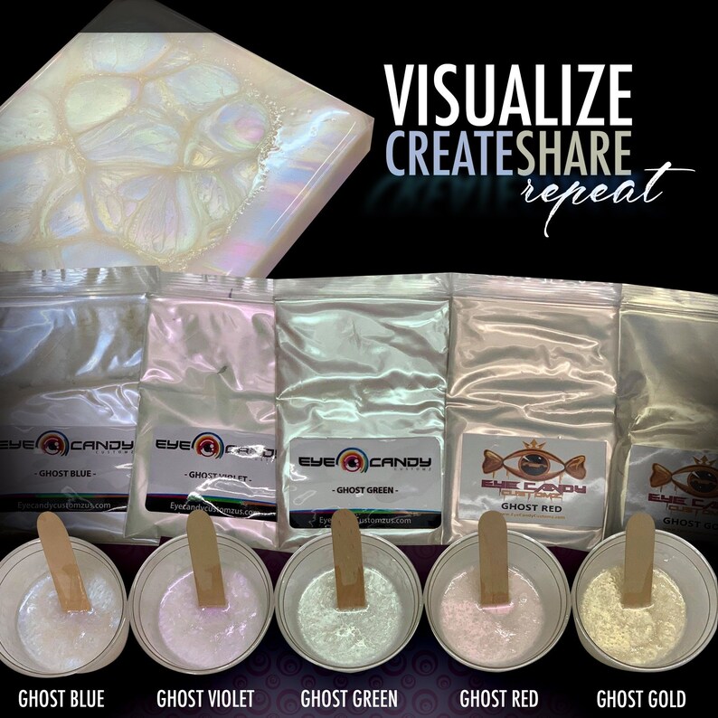 May include: Five small containers of iridescent pigment powder labelled "Ghost Blue", "Ghost Violet", "Ghost Green", "Ghost Red", and "Ghost Gold". Each container is next to a small white bowl with a wooden stick in it, showing the colour of the pigment when mixed with resin.