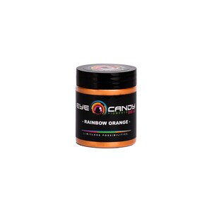 Może przedstawiać: Mały słoiczek pomarańczowej, tęczowej farby z etykietą "Eye Candy Pigments 25g - Rainbow Orange - Limitless Possibilities".